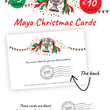 Load image into Gallery viewer, A product graphic for Mayo Christmas Cards showing a blank white card with printed holiday illustrations, postmark styling, and text indicating the back side. The image includes pricing callouts in green and red circles and explanatory arrows on a white background.
