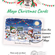 Load image into Gallery viewer, 2 snowmen wearing Mayo jerseys 'Sam-ta claus is coming to town' Promotional graphic for Mayo Christmas Cards showing a sample illustrated greeting card with two snowmen, a trophy, bunting, and moon, plus text stating the cards are blank and printable from impack.ie. mayo4sam Christmas

