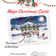 Load image into Gallery viewer, 'Mayo Christmas Cards' on a white background, featuring festive red and green bunting, illustrated Christmas card showing snow, GAA players in green and red, sheep, and a full moon. llustrated Christmas card. Mayo flag. Cards are blank for custom festive greetings. 'Oh the Green and Red of Mayo' Sam Maguire
