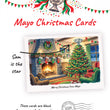 Load image into Gallery viewer, 'Mayo Christmas Cards' with festive red text, bunting, confetti, and a Sam Maguire trophy on top of a Christmas Tree. The card shows a cosy living room with a fireplace, stockings, Christmas tree, and window. Stockings say Kobe, Aido, Andy, Ryan, Aidan. 
