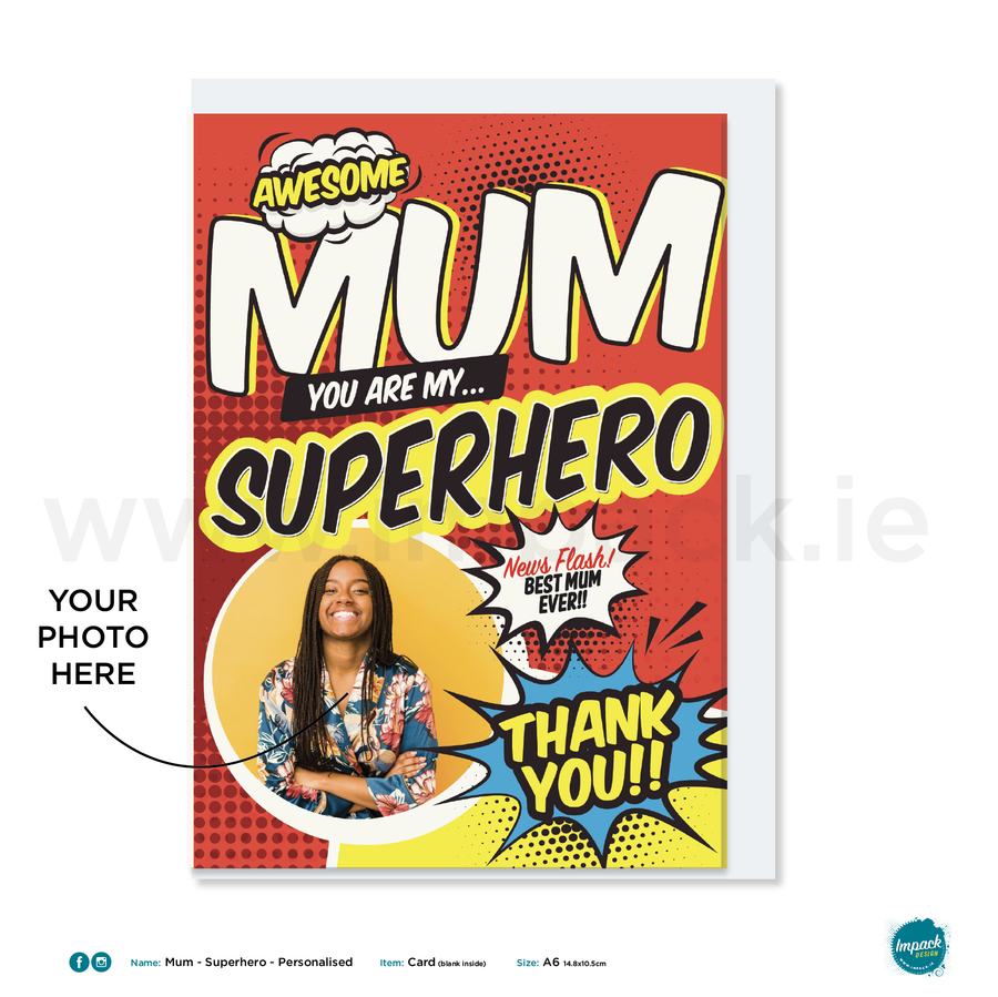Greetings Card - Mothers Day - Superhero Mum - Personalised with your own image